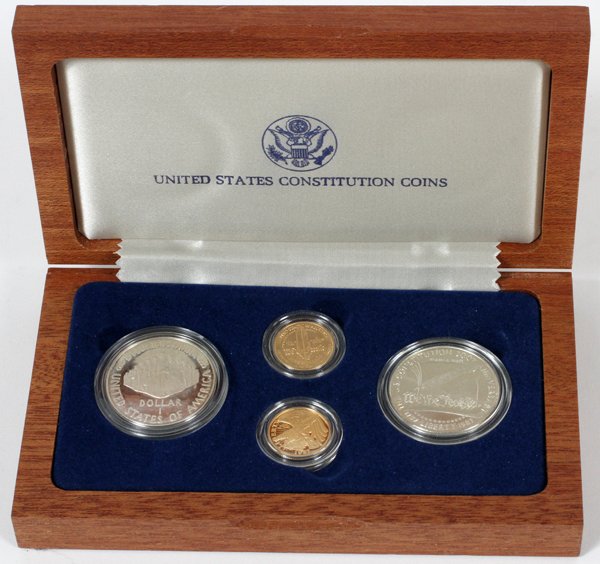 CONSTITUTION $5. GOLD AND $1.STERLING COIN-SET: CONSTITUTION $5. GOLD AND $1.STERLING COIN-SET 1987 1:United States Commemorative Constitution Coin Set of (2) Gold $5.00 - West Point 1987- W, and (2) Sterling Silver 1987-S, $1.00 San Francisco Mint