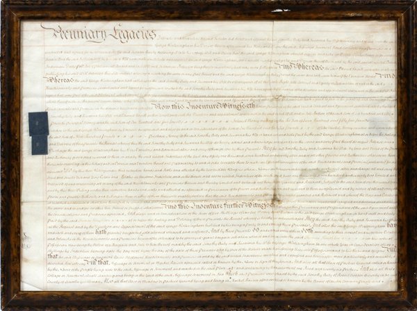 ENGLISH 1772 INDENTURE: ENGLISH 1772 INDENTURE H 24", W 32":Written by hand on sheepskin. Legal document pertains to the transfer of property. George Winteringham, Timothy and Susanna Auty, Edward Howith are parties. Pair bl