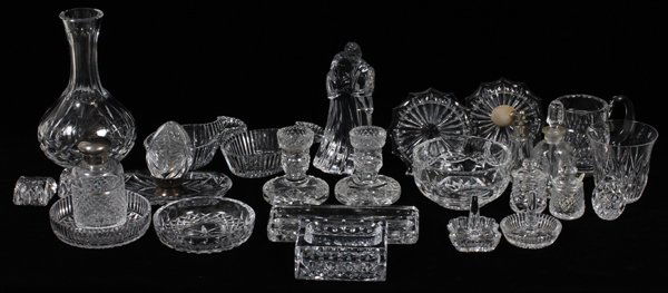 WATERFORD CUT CRYSTAL DESK SET & TABLEWARE 27PCS: WATERFORD CUT CRYSTAL DESK SET & TABLEWARE, 27 PIECES H 1" - 9":Including one pen holder, L. 7 5/8", two ring holders, two eggs, one of which is raised on a silver plated stand, one wedding pair figur
