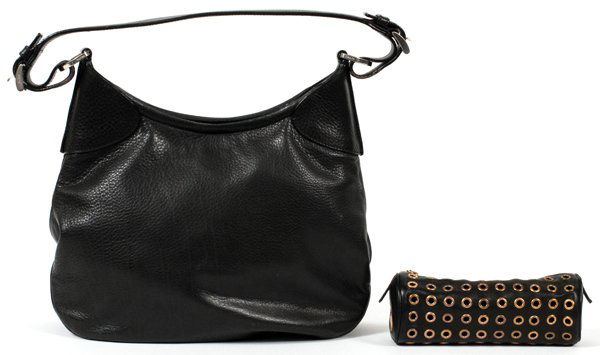 PRADA BLACK LEATHER BAG & POUCH: PRADA BLACK LEATHER BAG & POUCH, W 6" & 11 1/2":Including one black leather shoulder bag, clips open to a fabric lined interior, labeled: Prada, Made in Italy, H. 10" x 11 1/2", L. 11" to the shoulder