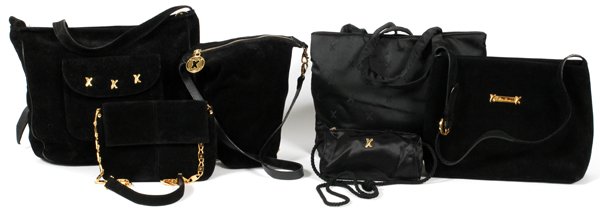 PALOMA PICASSO SUEDE & FABRIC SHOULDER BAGS SIX: PALOMA PICASSO SUEDE & FABRIC SHOULDER BAGS, SIX, W 7"-13":Including two fabric bags, and four suede bags, all are black, labeled: Paloma Picasso, Made in Italy. Measuring H. 4"-10", W. 7"-13". For a 