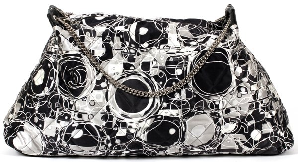 CHANEL QUILTED SATIN KALEIDOSCOPE TOTE BAG: CHANEL QUILTED SATIN KALEIDOSCOPE TOTE BAG, W 20":A quilted satin bag, decorated in a navy, silver and white abstract design; the top zipper opens to a navy satin lined interior, labeled: Chanel, Made