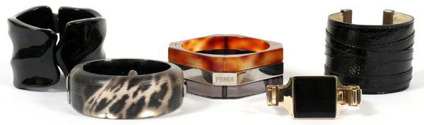 FENDI ETRO LONGCHAMP & ALEXIS BITTAR BRACELETS: FENDI, ETRO, LONGCHAMP & ALEXIS BITTAR DESIGNER BRACELETS, FIVE:Including 1 Fendi square shape bangle bracelet, W.2 3/4"; by Etro, 1 gold tone metal cuff bracelet with black accent and 1 black hinged