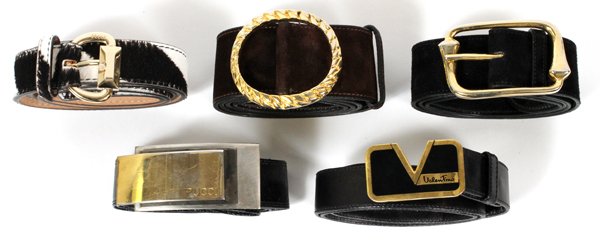 EMILIO PUCCI GUCCI & MARIO VALENTINO LADY'S BELTS: EMILIO PUCCI, GUCCI, & MARIO VALENTINO LEATHER LADY'S BELTS, FIVE:Emilio Pucci includes 1 black leather with metal buckle, L.33 1/2", and 1 calf hair, L.37 1/2". Together with 2 Gucci suede belts, bro