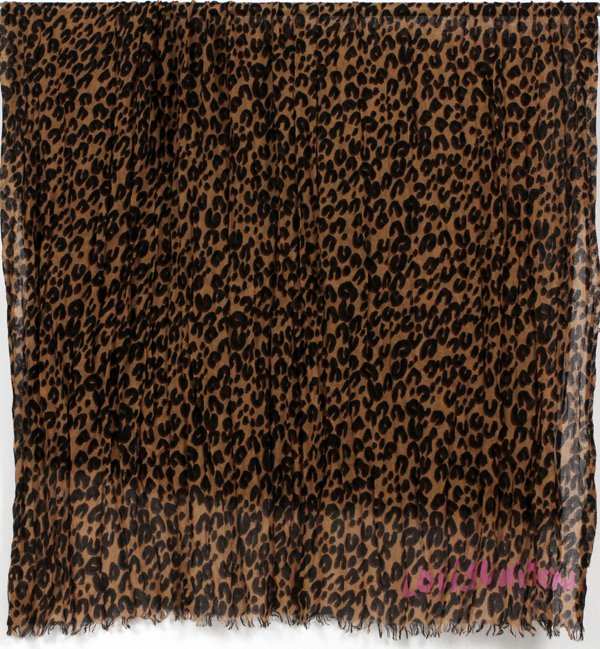 LOUIS VUITTON CASHMERE & SILK LEOPARD STOLE/SCARF: LOUIS VUITTON CASHMERE & SILK LEOPARD STOLE/SCARF, DESIGNED BY STEPHEN SPROUSE, 74" X 43":Leopard print with Louis Vuitton signature in bright pink. Labeled: Louis Vuitton Paris, Made in Italy. For a 