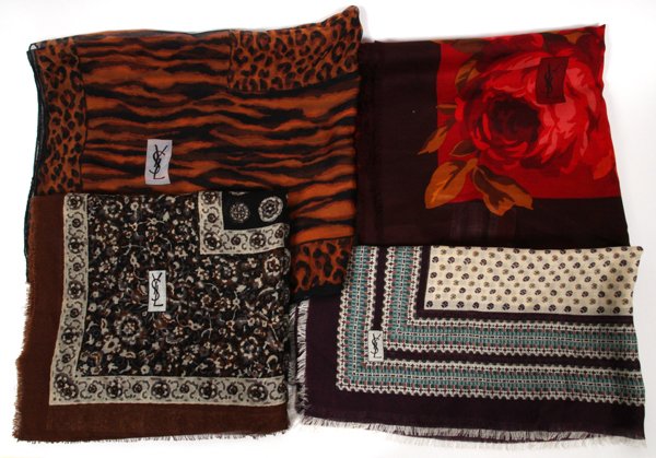 YVES SAINT LAURENT SILK & SILK BLEND SCARVES FOUR: YVES SAINT LAURENT SILK & SILK BLEND SCARVES, FOUR:Including 1 sheer silk scarf with leopard print, 51" x 51"; 1 silk and cotton blend red floral pattern, 52" x 52"; 1 cashmere and silk, 32" x 32"; an