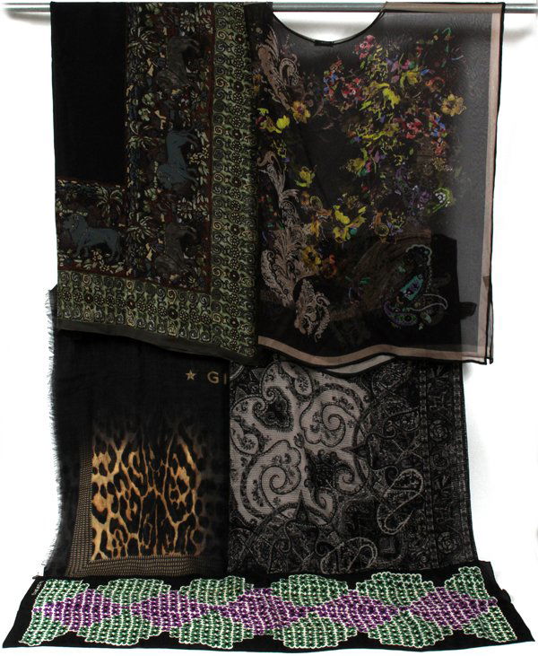 GIVENCHY & ETRO SILK & WOOL SCARVES AND TUNIC: GIVENCHY & ETRO SILK & WOOL SCARVES AND TUNIC, FIVE PIECES:Givenchy includes 1 silk chiffon scarf, 53" x 53", 1 black silk scarf with a green and purple floral pattern, L.44" x 14", and 1 wool scarf,