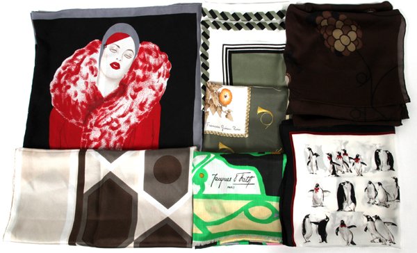 VINTAGE DESIGNER & OTHER SILK SCARVES: VINTAGE DESIGNER & OTHER SILK SCARVES (14), JACQUES FATH, MISS BALMAIN & OTHERS:Including 1 by Jacques Fath in bright green, pink, yellow, gray and black, L.58" x 15"; 1 Neisha Crosland of London brow
