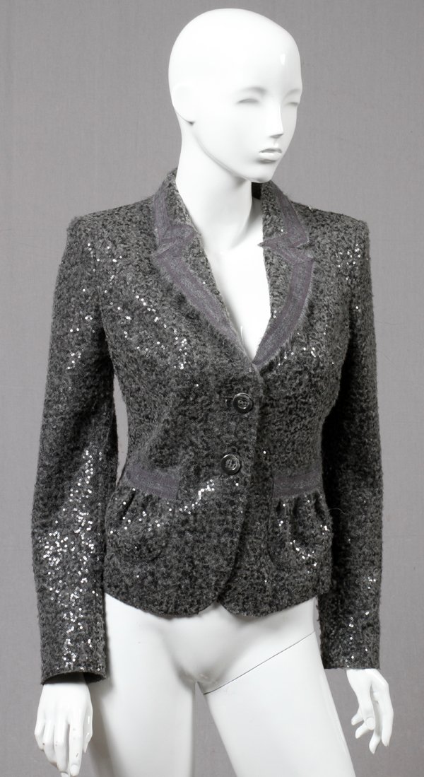 ARMANI COLLEZIONI GRAY SEQUIN BLAZER SIZE 8: ARMANI COLLEZIONI GRAY SEQUIN BLAZER, SIZE 8:A gray wool blend blazer with sequin accents, fitted with two buttons. Labeled: Armani Collezioni, Made in Italy, size 8. For a high resolution photo