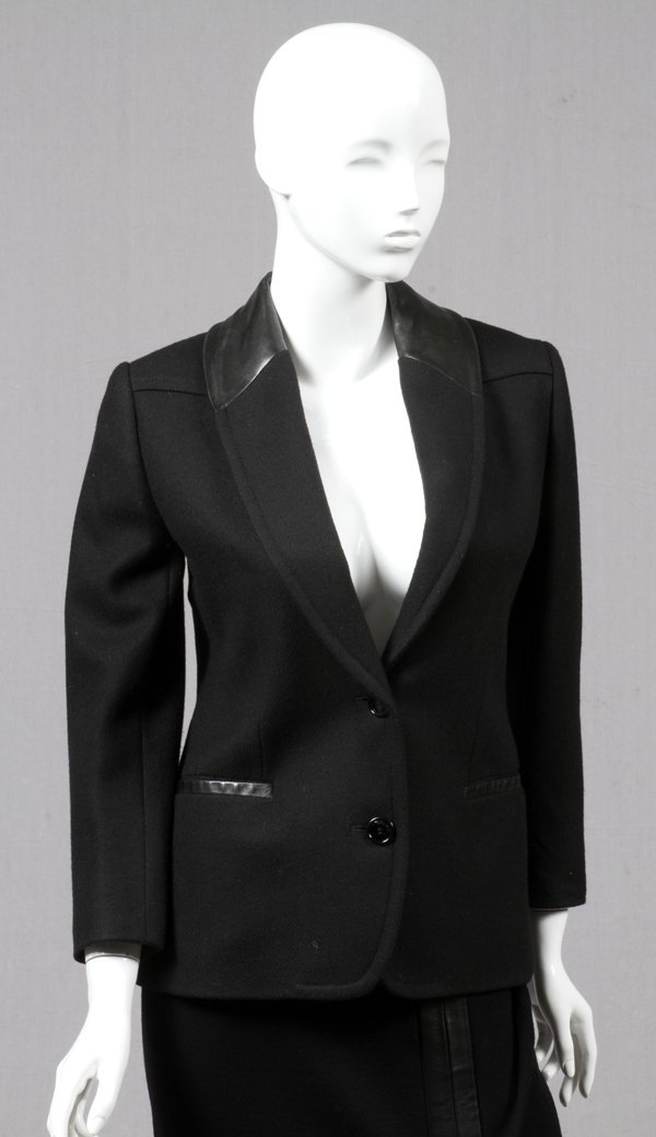 CELINE PARIS BLACK WOOL BLAZER & DONNA KARAN SKIRT: CELINE PARIS BLACK WOOL BLAZER WITH LEATHER TRIM & DONNA KARAN SKIRT:Including 1 Celine Paris black wool blazer with black leather trim, made in France, size 40; together with 1 Donna Karan New York b