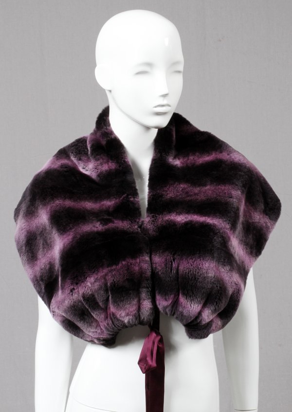 GIULIANA TESO DYED FUR CAPELET: GIULIANA TESO DYED FUR CAPELET:Ombre dyed purple fur caplet with a silk ribbon and hooks at the back, and coordinating silk lining. Labeled: Giuliana Teso, Made in Italy. For a high resolution photo