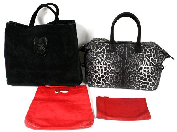 DESIGNER LEATHER SUEDE & FABRIC BAGS FOUR: DESIGNER LEATHER, SUEDE & FABRIC BAGS, FOUR, ARMANI, MARK CROSS:Including one navy suede Mark Cross tote bag, H. 13 1/2" x 15", L. 6" to the strap, labeled: Made in Italy; together with one Yves Saint