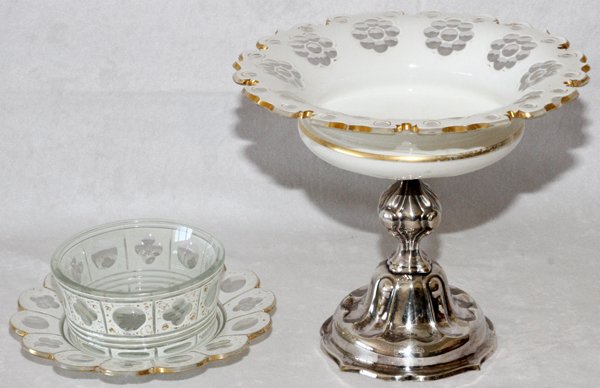 BOHEMIAN WHITE CUT OVERLAY GLASS 19TH C. 3 PCS: BOHEMIAN WHITE CUT OVERLAY GLASS 19TH C., THREE PIECES:Including 1 bowl, Dia.4 1/2", with 1 matching under plate, Dia.7"; together with 1 white overlay glass compote on a silver base, hallmarks at the