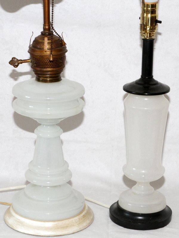 OPALINE GLASS LAMPS 19TH C. TWO OVERALL: OPALINE GLASS LAMPS, 19TH C., TWO, H 25" OVERALL:Including 1 opaline glass oil lamp and 1 opaline glass urn, each mounted as table lamps. For a high resolution photo