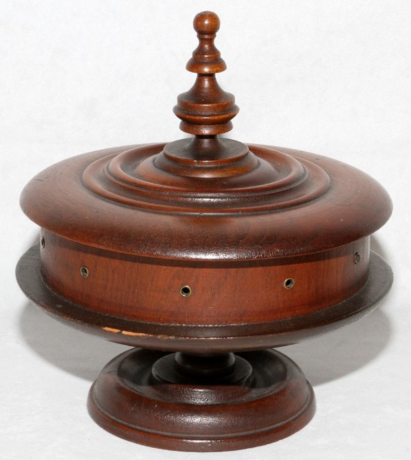 TREEN WARE THREAD BOX C. 1867: TREEN WARE THREAD BOX, C. 1867, H 9", DIA 7 1/2":Patent date 1867. For a high resolution photo CLICK HERE
