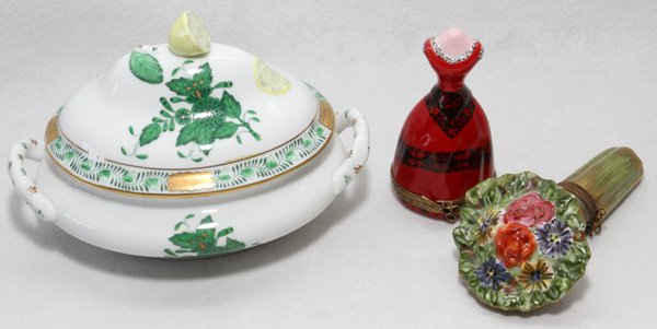 HEREND PORCELAIN MINIATURE TUREEN & LIMOGES BOXES: HEREND PORCELAIN MINIATURE TUREEN & LIMOGES BOXES (2):Including 1 Herend "Chinese Bouquet" miniature tureen, L.5 1/2"; together with 2 Limoges porcelain boxes, one in the shape of a dress form, H.3", 