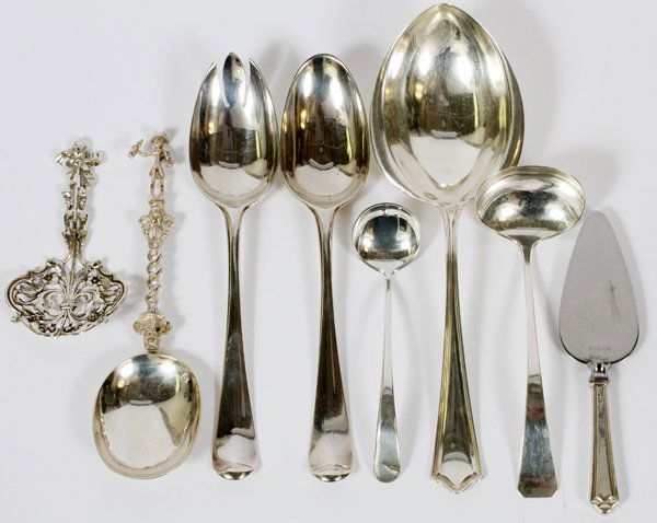 AMERICAN ENGLISH & CONTINENTAL STERLING SERVING PCS: AMERICAN, ENGLISH & CONTINENTAL STERLING SERVING PIECES, EIGHT:Including a salad fork and spoon, two ladles, a figural form spoon and strainer, one large serving spoon and one pastry server. For a hig