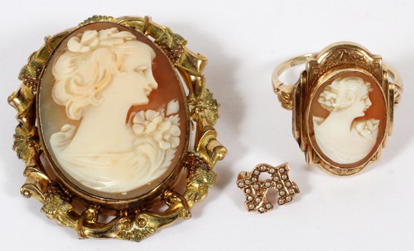 CAMEO PENDANT/BROOCH & RING SEED PEARL PIN: CAMEO PENDANT/BROOCH & RING, SEED PEARL PIN:Including a 10kt yellow gold lady's locket style ring, featuring a carved cameo profile set at the center, size 8; together with a 10kt gold filled cameo pi