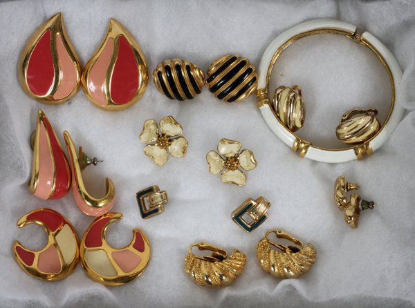 CHRISTIAN DIOR GIVENCHY & NAPIER COSTUME EARRINGS: CHRISTIAN DIOR, GIVENCHY & NAPIER ENAMEL COSTUME EARCLIPS/EARRINGS, NINE PAIRS, & TRIFARI BRACELET:Gold tone and enamel earclips include 1 pair by Christian Dior, 1 Givenchy, and 1 pair without enamel