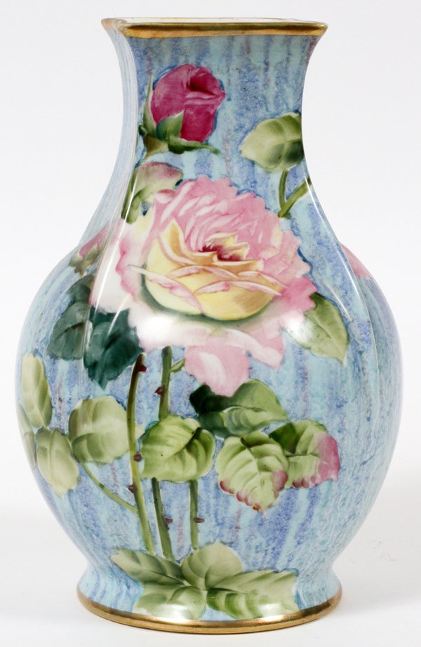NIPPON HAND-PAINTED PORCELAIN VASE C. 1930: NIPPON HAND-PAINTED PORCELAIN VASE, C. 1930, H 8 1/2" W 5":Baluster form vase with a squared rim. Decorated in stemmed rose motif. Stamped at the underside, measuring H. 8 1/2" x 5". For a high resolu