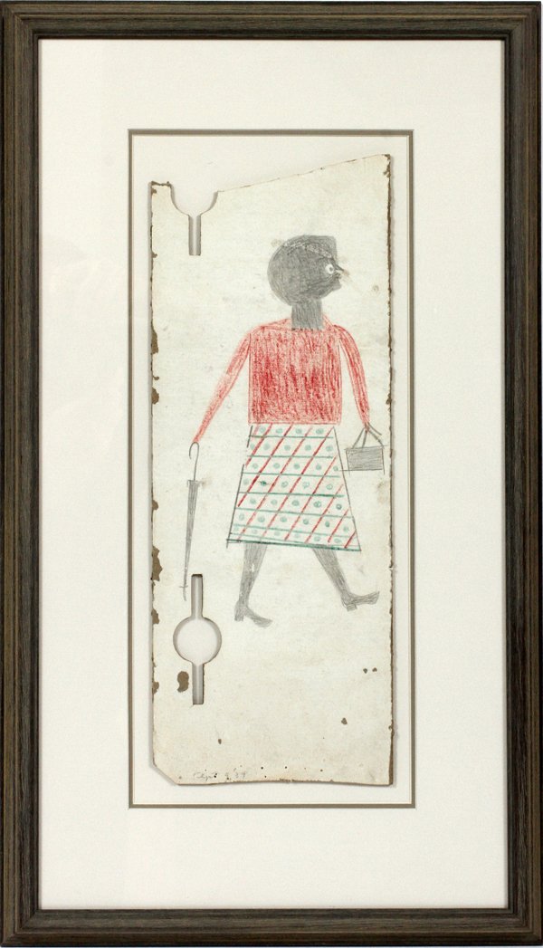 BILL TRAYLOR FOLK ART CRAYON AND PENCIL 1939: BILL TRAYLOR, FOLK ART, CRAYON AND PENCIL 1939 H 15 1/2" GIRL WITH PURSE:In colors. Size is 15 1/2" x 6". Purchased at Luise Ross Gallery, New York in early 1980's. Tralor was born in Alabama where he