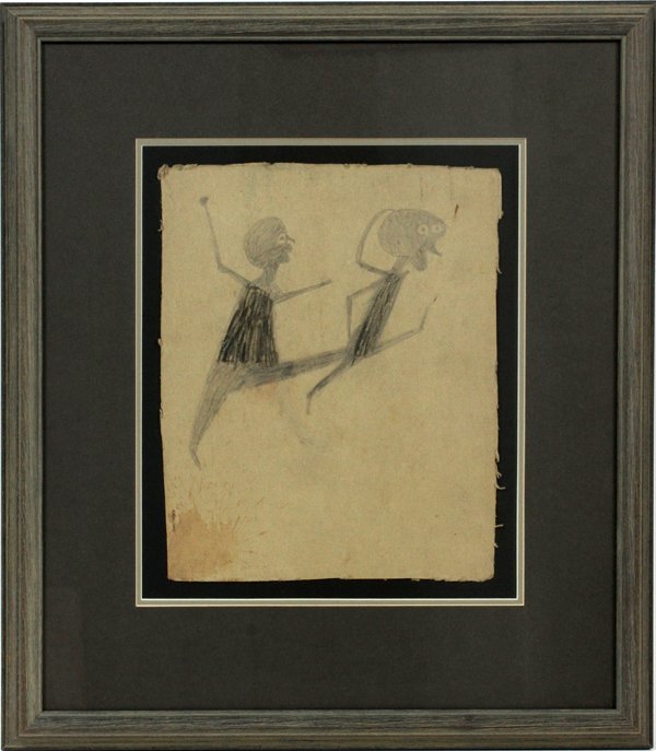 BILL TRAYLOR FOLK ART DRAWING: BILL TRAYLOR, FOLK ART DRAWING H 9 3/4" W 8" TWO FIGURES:9 3/4" x 8" done in pencil. Floated in frame. Purchased at Luise Ross Gallery, New York in early 1980's. For a high resolution photo