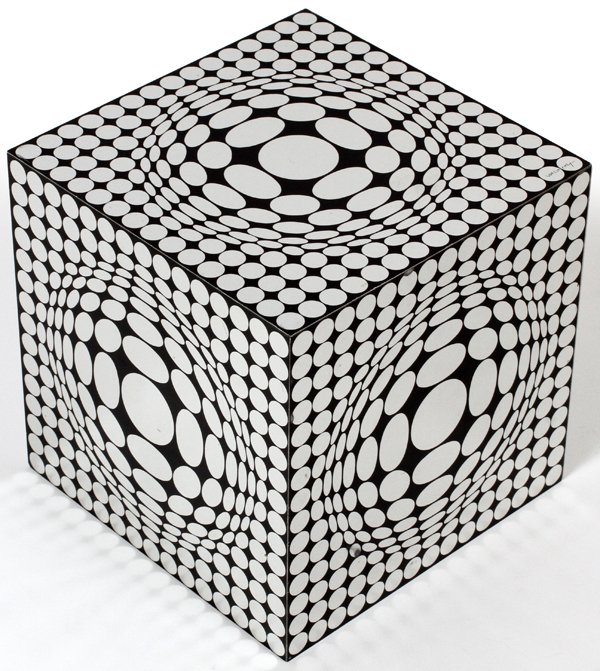 VICTOR VASARELYANODIZED ALUMINUM CUBE: VICTOR VASARELY [FRENCH/HUNGARIAN, 1906-1997], ANODIZED ALUMINUM CUBE, 1973, "VEGA COX":Signed, edition #11/150. Measuring H. 6 3/4" x 6 3/4" x 6 3/4". For a high resolution photo
