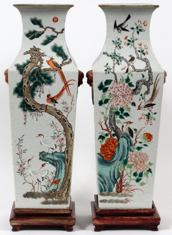 CHINESE FAMILLE ROSE PATTERN PORCELAIN SQUARE VASES: CHINESE FAMILLE ROSE PATTERN PORCELAIN SQUARE VASES, PAIR, H 20", W 6 3/4", D 6 3/4":Enameled perched birds amongst flowers; molded spotted cat with ring decorative side handles; no bottom mark; fitte