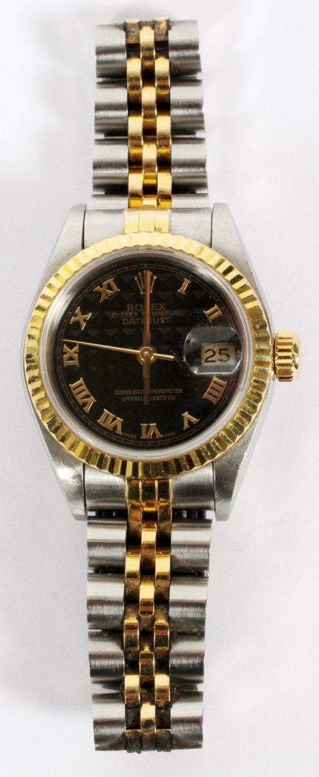 ROLEX LADY'S OYSTER PERPETUAL DATEJUST WATCH: ROLEX LADY'S TWO-TONE OYSTER PERPETUAL DATEJUST WATCH:Black dial with applied gold Roman numerals and date aperture. The case only is stamped 468B. For a high resolution photo