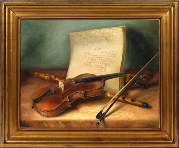 KATE WEISSGERBER OIL ON CANVAS: KATE WEISSGERBER, OIL ON CANVAS, H 20", L 26", STILL LIFE:Kate Weissgerber [German, 1887-1961]. Circa 1950. A still live depicting a violin, flute and sheet music for Johann Sebastian Bach's 9th Symph