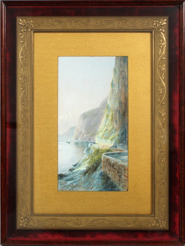 GIOVANNI BATTISTA GOUACHE ON BOARD AMALFI COAST: GIOVANNI BATTISTA, GOUACHE ON BOARD, AMALFI COAST H 13" W 6.5":Signed lower left. Beautifully framed in shadow box. Size is image only - does not include frame. For a high resolution photo