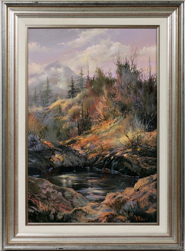 DOUGLAS OLIVER OIL ON CANVAS: DOUGLAS OLIVER OIL ON CANVAS H 30", L 48" "A PLACE ALONE":Douglas Oliver [(American, B. 1942]. A fall landscape at dusk with a pond in the foreground. Signed lower right and framed. Additionally, sign