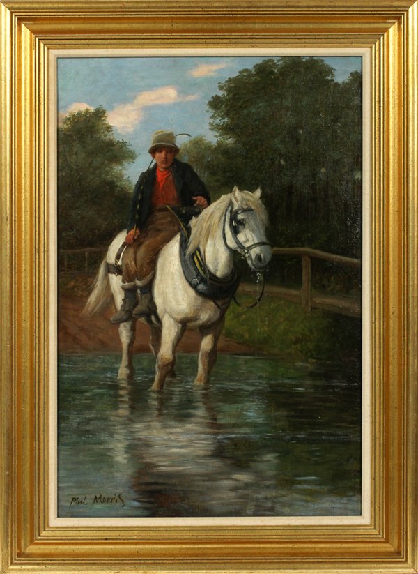 PHIL MORRIS OIL ON BOARD: PHIL MORRIS, OIL ON BOARD H 29.5" W 20" CROSSING THE STREAM:Signed. Fisherman on horseback crossing stream. Heavy mahogany panel. Size is panel only. Circa 1900. For a high resolution photo