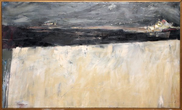 ALAN MARSHALL ACRYLIC ON CANVAS: ALAN MARSHALL, ACRYLIC ON CANVAS, H 24", L 42", "EDGE OF NIGHT":Alan Marshall [American, 20th C.]. An abstract acrylic on canvas depicting a wartime harbor scene. Signed lower left and dated 1960. 24 
