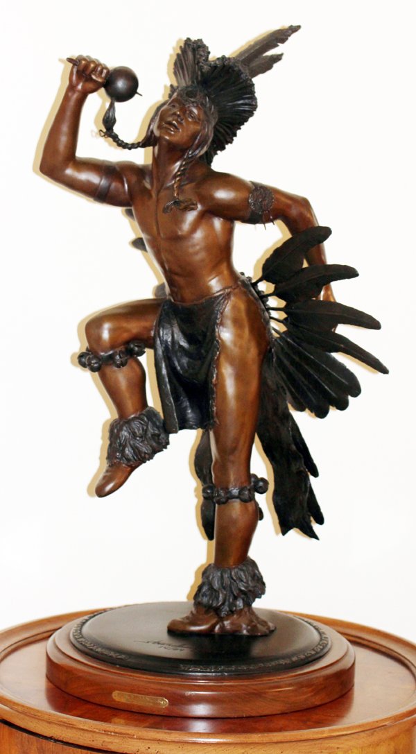 STEVE STREADBECK BRONZE SCULPTURE C. 1983: STEVE STREADBECK BRONZE SCULPTURE, C. 1983, H 32", "FANCY DANCER", # 14/29 (USA 1946-),:Depicts a native American dancer, standing on circular brown base. Signed on the base and titled, "Fancy Dancer"