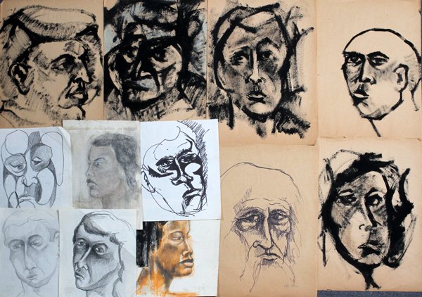 PHILLIP CONRAD HEFFERTON INK & CHARCOAL SKETCHES: PHILLIP CONRAD HEFFERTON (AMERICAN, 1933-2008), INK & CHARCOAL SKETCHES, 50 PORTRAIT STUDIES OF HEADS:18" x 12" to 12" x 9"; some signed; unframed. For a high resolution photo