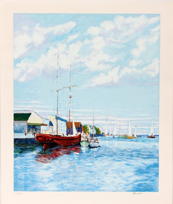 ANDRE BARDET LITHOGRAPH: ANDRE BARDET LITHOGRAPH, H 21.25", L 17.25", HARBOR SCENE:Andre Bardet [French, 1909 - 2006]. A Summer scene depicting sailboats in a harbor with buildings. Signed lower right and numbered edition 309