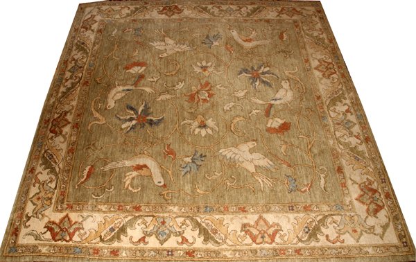 ARMENIAN HAND WOVEN WOOL RUG: ARMENIAN HAND WOVEN WOOL RUG 6'1" X 6'2":Sage green field, motif of birds. Hand made, all wool. For a high resolution photo CLICK HERE