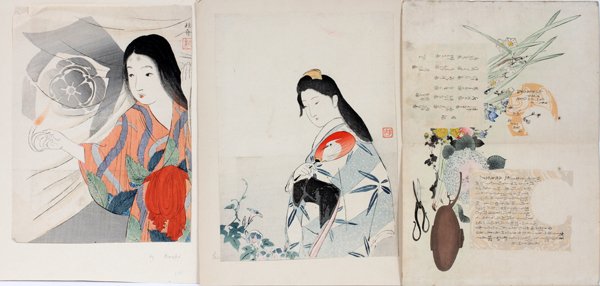 KIRSHU UKIYO-E COLOR WOOD BLOCK PRINTS: KIRSHU, UKIYO-E COLOR WOOD BLOCK PRINTS, GIRLS & GARDEN FLOWERS, 3, 10" X 13" & 11 1/2" X 8 1/2": For a high resolution photo CLICK HERE