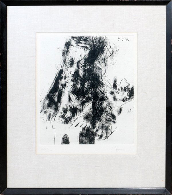 JACK LEVINE ETCHING #23/100: JACK LEVINE (1915-), ETCHING, #23/100, 9 1/2" X 8":Depicting a rabbi; pencil signed and numbered, under glass, linen mat, in a black wood frame. Garelick's Gallery label. Jack Levine, American, born 1
