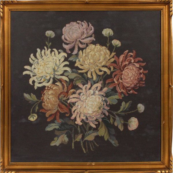 NEEDLEPOINT, BOUQUET OF CHRYSANTHEMUMS: NEEDLEPOINT, H 29", L 29", BOUQUET OF CHRYSANTHEMUMS:A circa 1900 hand worked needlepoint depicting a still life of chrysanthemums. Probably English. Framed. For a high resolution photo