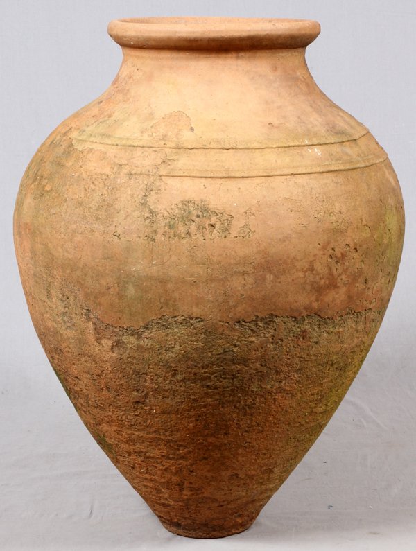 TERRACOTTA OLIVE JAR, H 44", DIA 36": TERRACOTTA OLIVE JAR, H 44", DIA 36":Unglazed; antique; unmarked. Probably Spanish or Moroccan. For a high resolution photo CLICK HERE