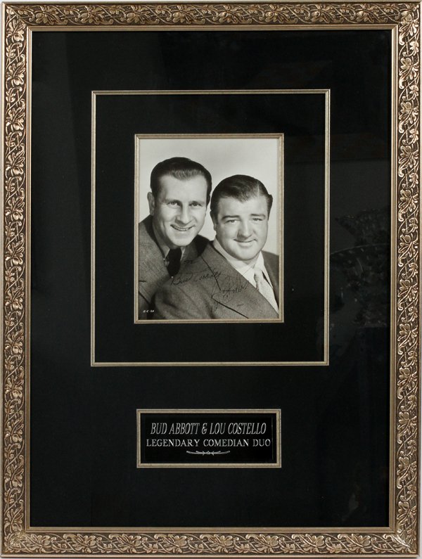 BUD ABBOTT & LOU COSTELLO SIGNED PHOTOGRAPH: BUD ABBOTT & LOU COSTELLO SIGNED PHOTOGRAPH, H 27" W 20":Photograph signed by Bud Abbott and Lou Costello, matted and framed under glass. Size as framed measures H. 27" x 20". For a high resolution ph