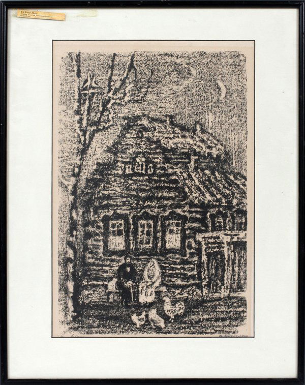 ANATOLI KAPLAN LITHOGRAPH C. 1965: ANATOLI KAPLAN [1902-1980], LITHOGRAPH, C. 1965, H 18", W 11", "TEVIA'S HOUSE":Anatoli Lvovich Kaplan [Russian born, 1902-1980]. Pencil signed at the lower right, lithograph in black on buff paper. De