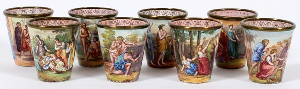 VIENNESE ENAMELED LIQUEUR CUPS C. 1880 SET OF EIGHT: VIENNESE ENAMELED LIQUEUR CUPS, C. 1880, SET OF EIGHT, H 2 1/4":Each is uniquely hand decorated with a Biblical scene about the exterior including the discovery of Moses in a basket and the destructio