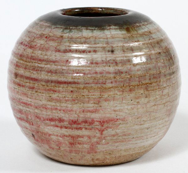 MAIJA GROTELLGLAZED CERAMIC VASE: MAIJA GROTELL (1899-1973), GLAZED CERAMIC VASE, H 3 1/2", DIA 4":Bulbous shape with horizontal striations, incised "MG" signature underneath (see additional photo). Maija Grotell, Finland/USA, 1899-19