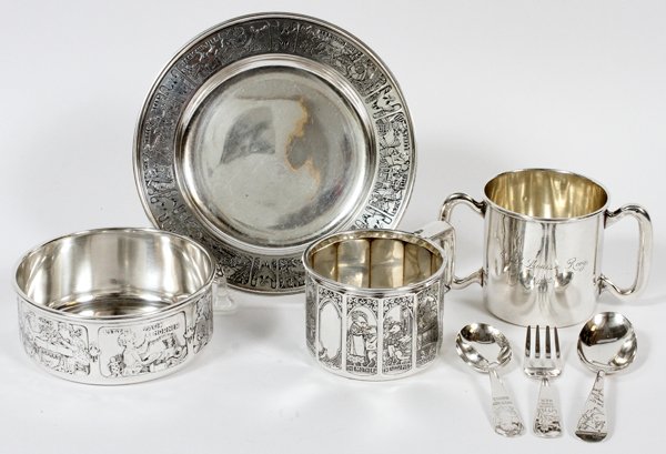 WM. B. KERR & OTHER STERLING CHILDREN'S TABLEWARE: WM. B. KERR & OTHER STERLING CHILDREN'S TABLEWARE, EARLY 20TH C., SEVEN PIECES:Including a set of 3 sterling silver pieces by William B. Kerr comprising a bowl, plate, Dia.6 1/2", and mug, all featuri