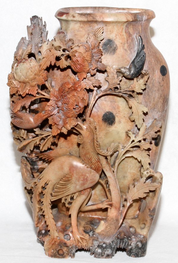 CHINESE CARVED SOAPSTONE VASE EARLY 20TH C.: CHINESE CARVED SOAPSTONE VASE, EARLY 20TH C., H 12", W 7":Peacock and chrysanthemums carved in relief. For a high resolution photo CLICK HERE
