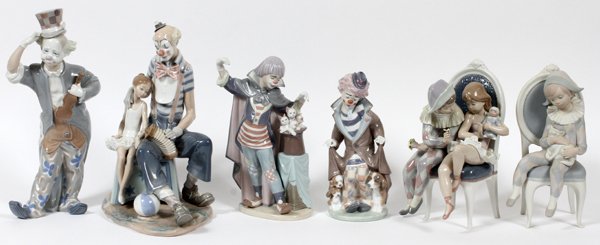 LLADRO PORCELAIN FIGURES CLOWNS & HARLEQUINS SIX: LLADRO PORCELAIN FIGURES, CLOWNS & HARLEQUINS, SIX, H 9"-13":Including "Clown with Violin", #1126; "Young Harlequin", #1229; "At the Circus", #5052; "Flirtatious Jester", #5844; "Circus Magic", #5892;