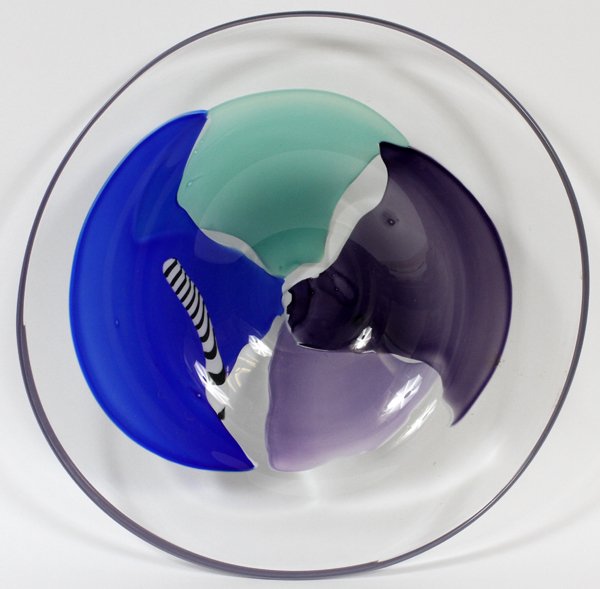 JAMES R. WILBAT STUDIO GLASS BOWL 1996: JAMES R. WILBAT, STUDIO GLASS BOWL, 1996, DIA 19 3/4", CHICAGO ARTIST:Purple, cobalt, aqua, black and white; signed and dated 1996. Measures H.2 1/2", Dia.19 3/4". Chicago professional glass maker. Fo